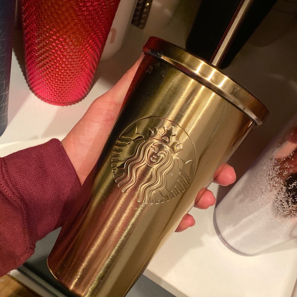 Starbucks gold metal tumbler with metal straw
